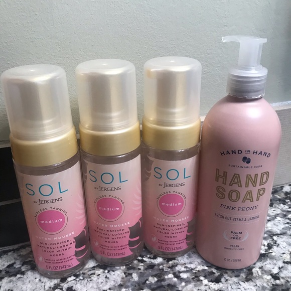 Sol by Jergens Other - 3 Bottles MEDIUM SOL by Jergens Tanning & 1 Hand Soap Pink Peony Palm Oil Free
